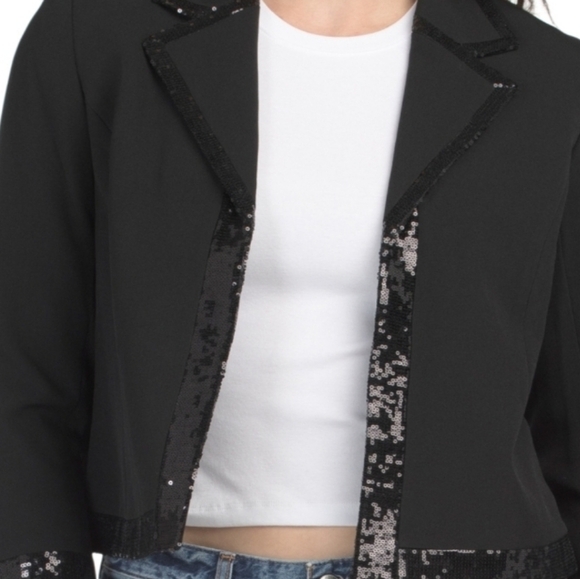🔹️KASPER🔹️ Notch collar Black Sequin Trim Women's Jacket - Picture 2 of 3